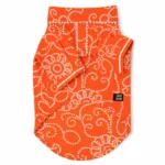 Front product view of an orange cotton dog kurta with a festive print