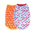 Fruity dog vest combo flat lay showing orange and blue fruit-print fabric, soft washable dog vest material