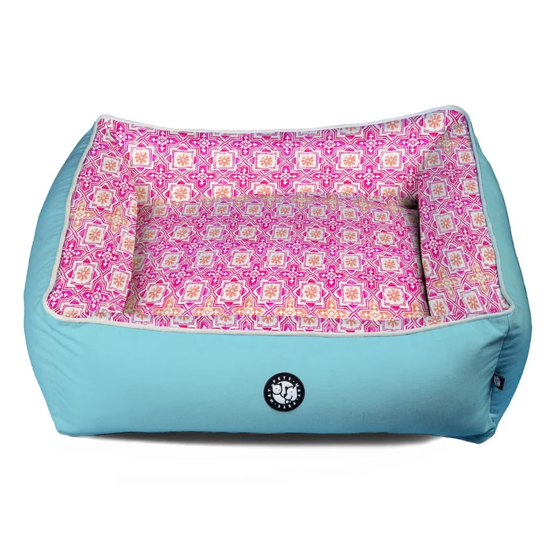 fuchsia dog bed with jaipur printed velvet interior