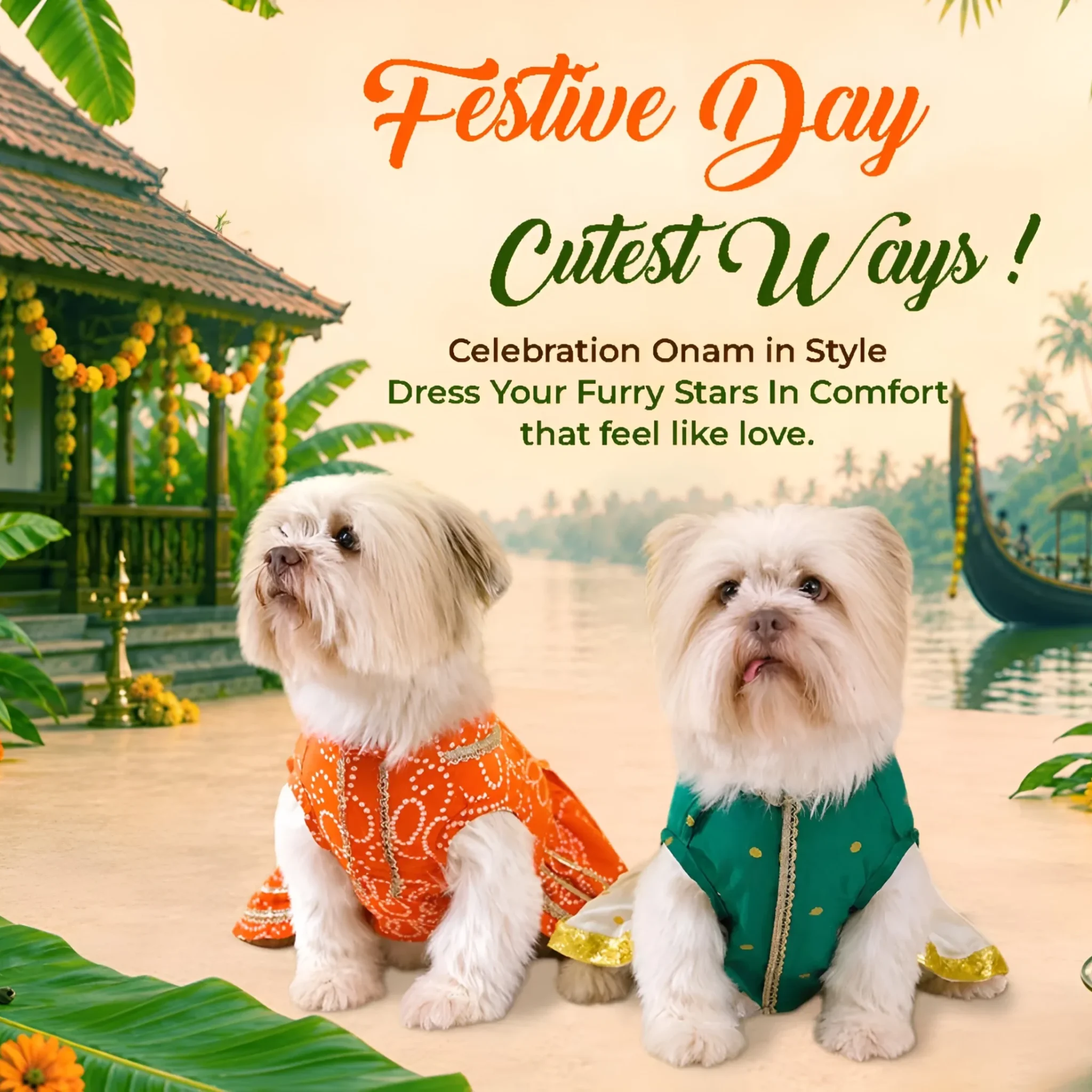 Onam Banner Mobile showing two dogs in traditional wear, styled dog dresses 2